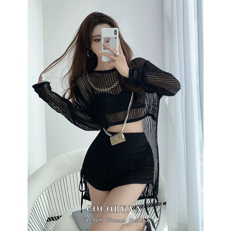 Cocory vn Áo Croptop Tay Dài Dáng Rộng Thời Trang Mùa Hè Quyến Rũ Cho Nữ