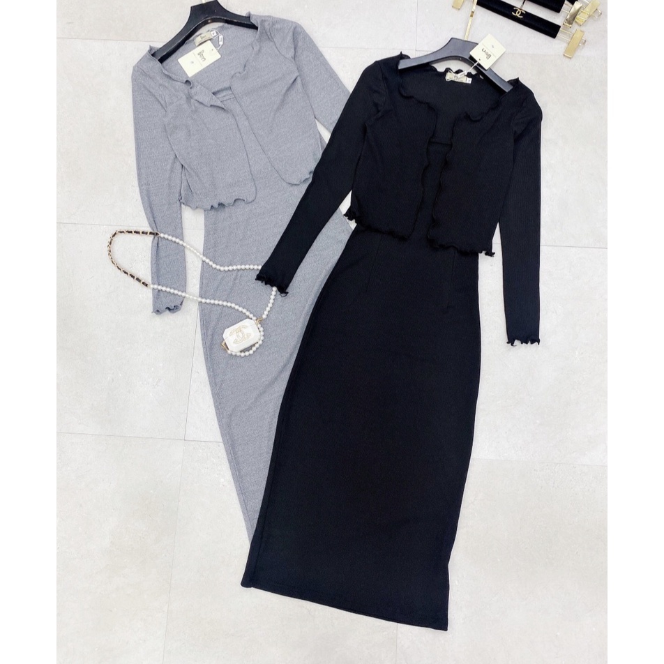 Set đầm hai dây maxi kèm áo khoác dài tay 2 màu ĐEM- XÁM chất thun gân dày dặn FREESIZE DƯỚI54KG MIDORI247