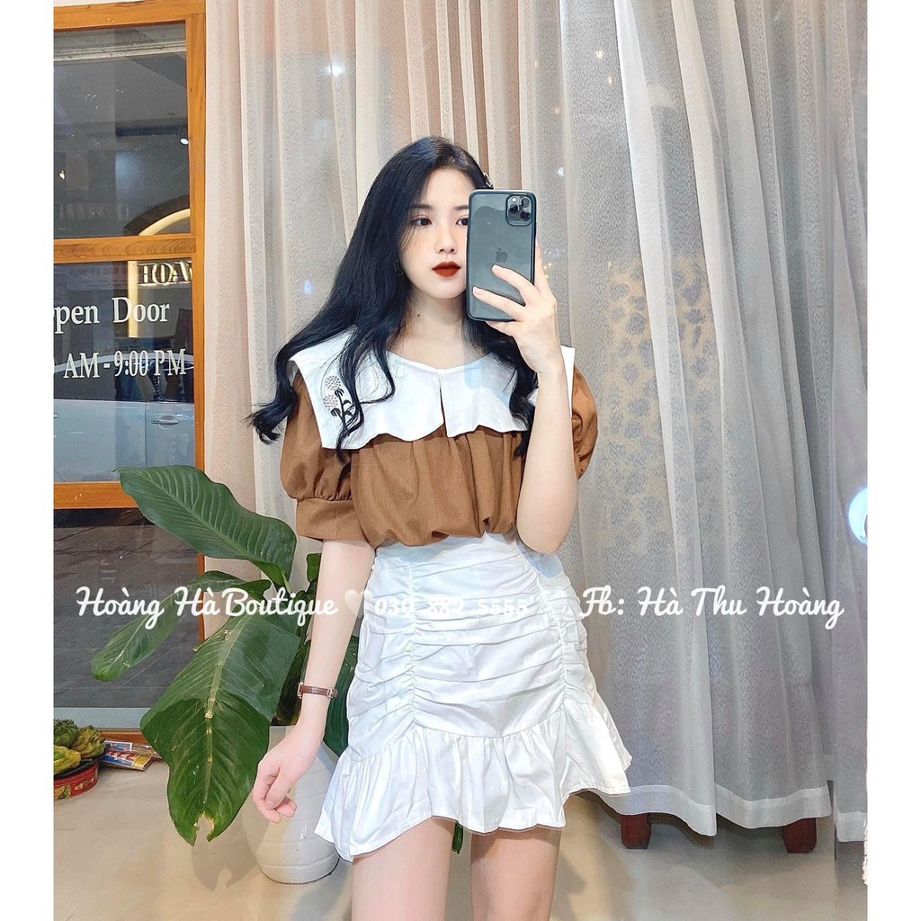 Aó babydoll nâu cổ vạt trắng thêu hoa xinh xắn - A18 | BigBuy360 - bigbuy360.vn