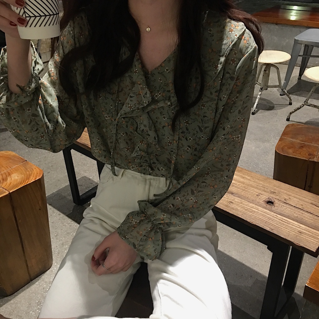 Áo sơ mi GENAISHA tay dài dáng rộng chất liệu vải voan in họa tiết thời trang cá tính cho nữ