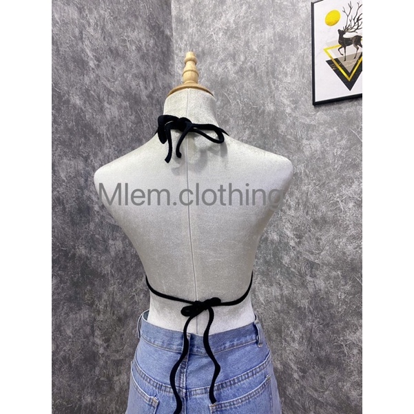 Áo croptop tay dài xẻ loe kèm bra thắt dây, set áo yếm Mlem chất thun gân