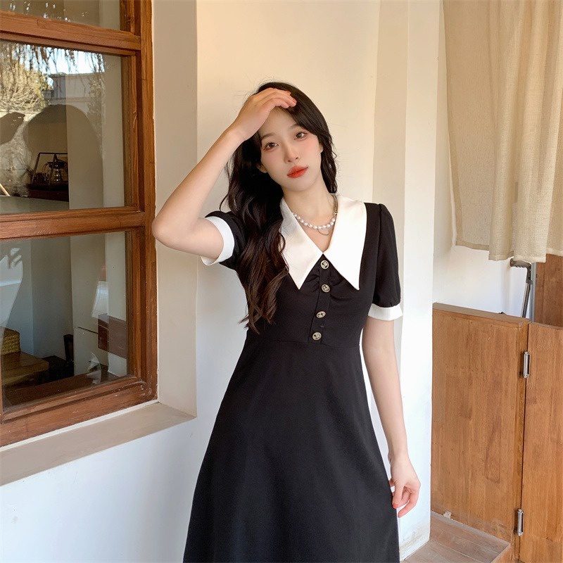 Váy đầm xanh đen cổ trắng cúc ngực dáng dài thanh lịch cho nữ phong cách Hàn Quốc