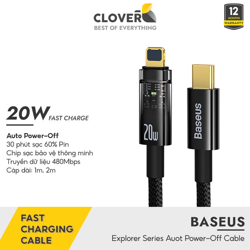 Cáp Tự Ngắt Baseus Explorer Series Type-c To Ip Sạc Nhanh 20w, Đầu Cáp Trong Suốt Đèn Led Báo Sạc Dây Bện Nylon Cloverb
