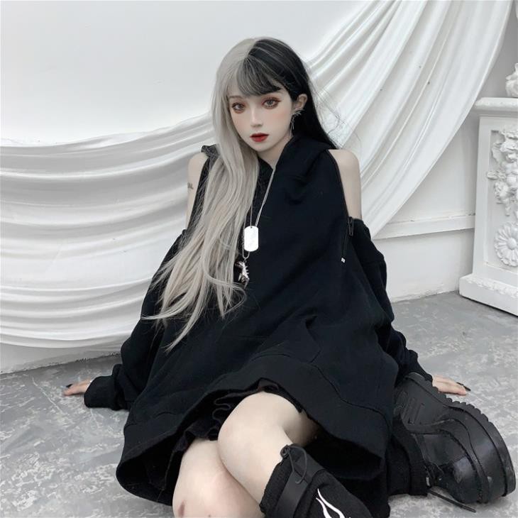 Áo hoodie mũ đen style CÓ khóa ở vai mặc được nhiều kiểu , mặc hoodie hoặc hở vai cực tiện lợi Đẹp *