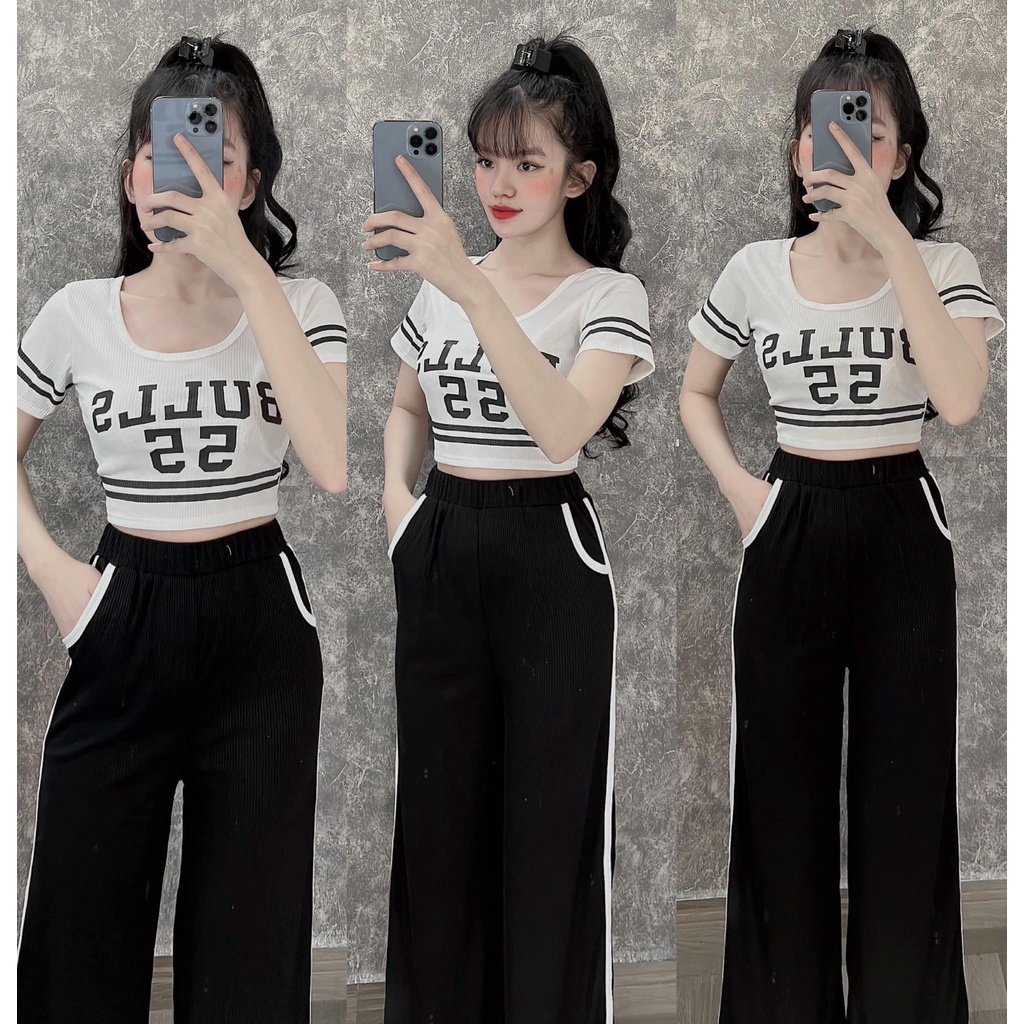 Set Gân Áo Croptop Quần Dài Thể Thao Mặc Nhà hoặc Đi Chơi