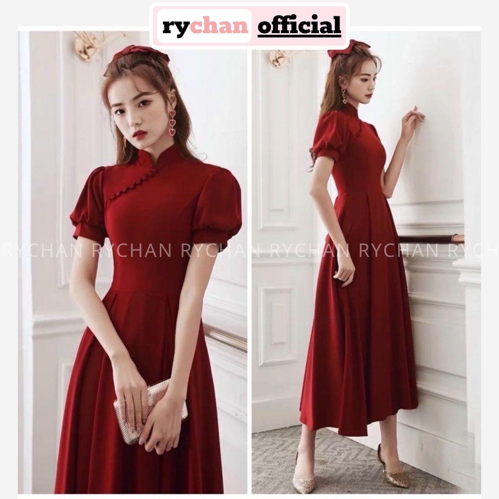 Đầm Midi Đỏ Cổ Tàu Trung Hoa Dáng Dài Siêu Đẹp, Đầm Mang Tết Chụp Hình Ngoại Cảnh - DX555