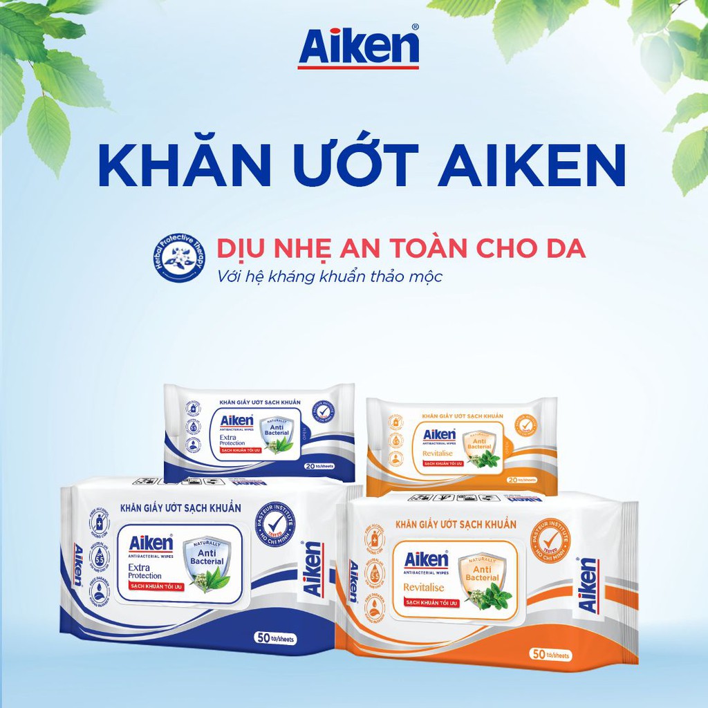 Aiken Combo 2 Gói Khăn Ướt Sạch Khuẩn Chiết Xuất Bạc Hà 20 Tờ/gói