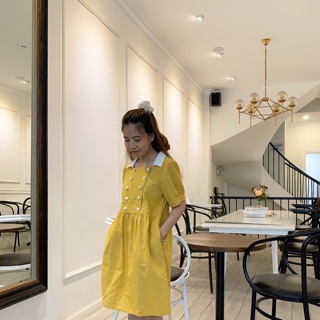 Đầm Linen cổ sơmi cách điệu hàng cúc