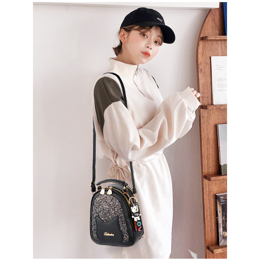 Balo da nữ mini đeo 2 kiểu, họa tiết tai mèo cute, kèm móc khóa đáng yêu