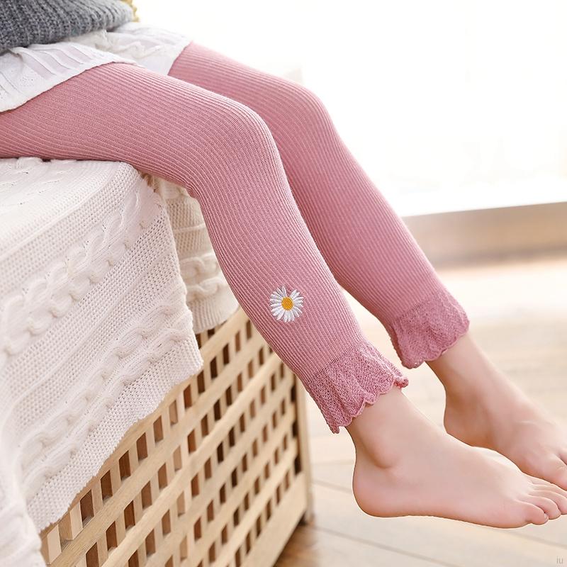 Quần Legging Co Giãn Màu Trơn Thêu Hoa Cúc Cho Bé Gái