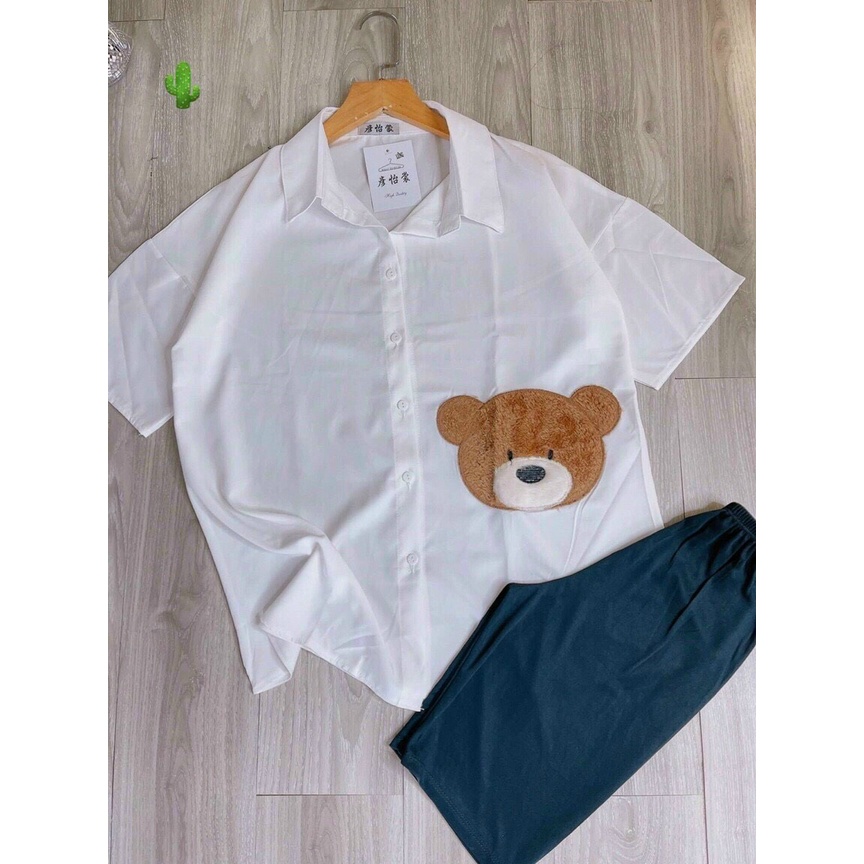 sét bộ đùi phối áo sơ mi tay ngắn thêu gấu lông