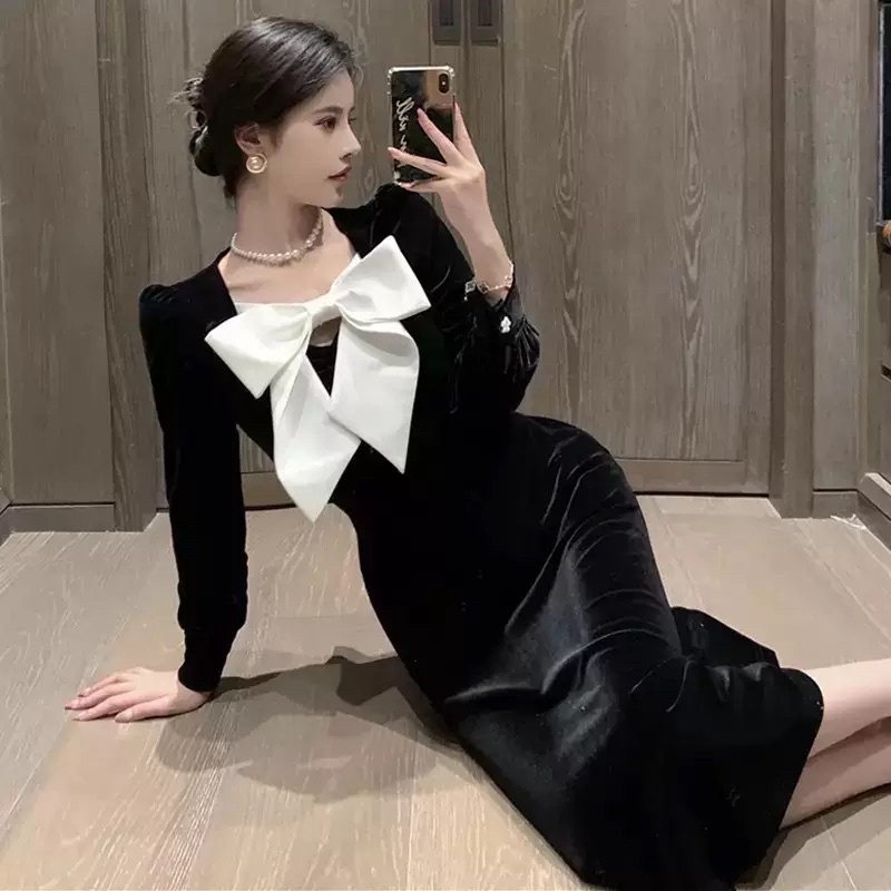 Váy nhung nơ ngực dáng dài