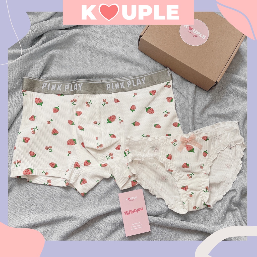 Quần lót đôi KOUPLE , quần lót nam nữ cute chất liệu cotton thoáng mát , họa tiết dâu tây đáng yêu