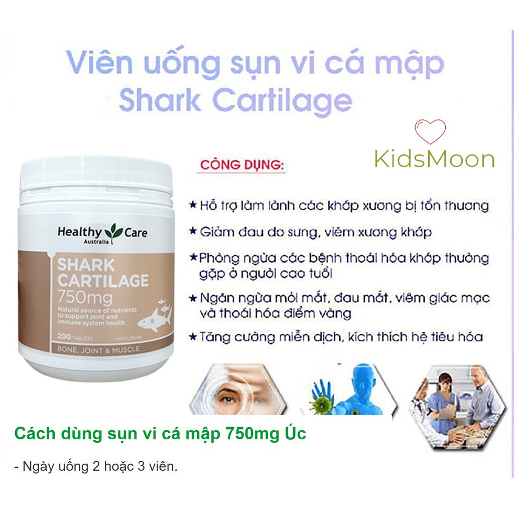 [Mẫu mới, đủ bill] Viên uống sụn c.á m.ập Healthy Care Shark Cartilage 750mg 200 viên