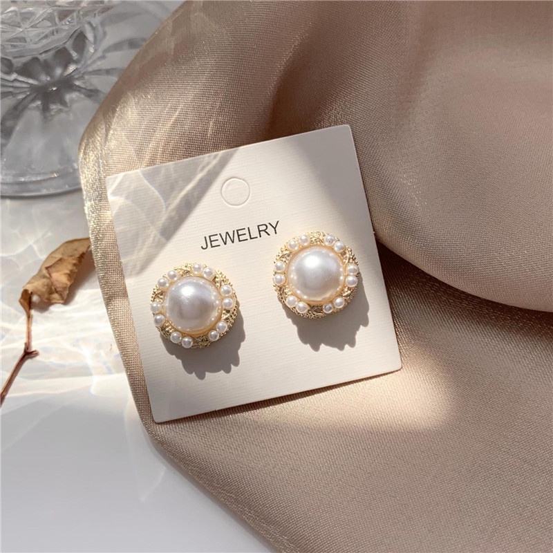 Bông tai mạ bạc 925 hình tròn đính ngọc trai phong cách retro thời trang cho nữ