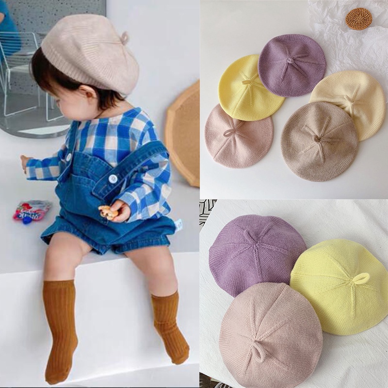 Mũ Beret Dệt Kim Màu Trơn Thời Trang Thu Đông Cho Bé