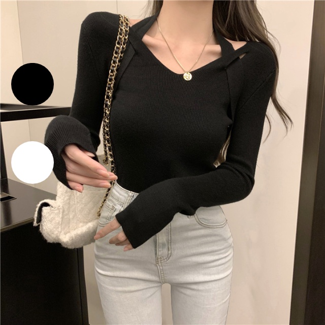 Áo len cổ V dệt kim hàng Quảng Châu thiết kế, áo len giữ ấm dây đan chéo quyến rũ - Lulu fashion