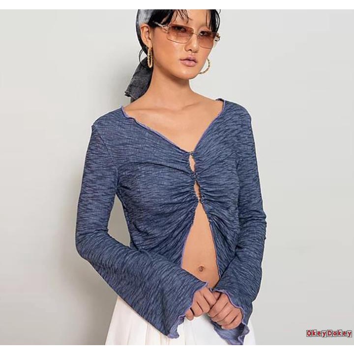 Áo croptop tay dài cổ chữ V thiết kế quyến rũ cho nữ