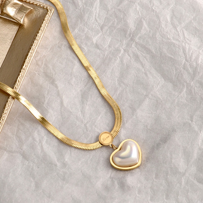 vòng cổ Titan nữ Mặt dây chuyền Ngọc trai tim Chống gỉ Vàng 18k Phụ kiện thời trang thanh lịch Hàn Quốc