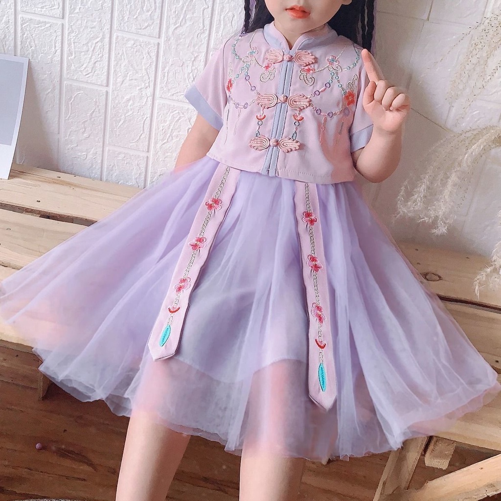 Đầm Hán Phục Tay Ngắn Phối Lưới Thêu Họa Tiết Phong Cách Trung Hoa Mới 2022 Cho Bé Gái