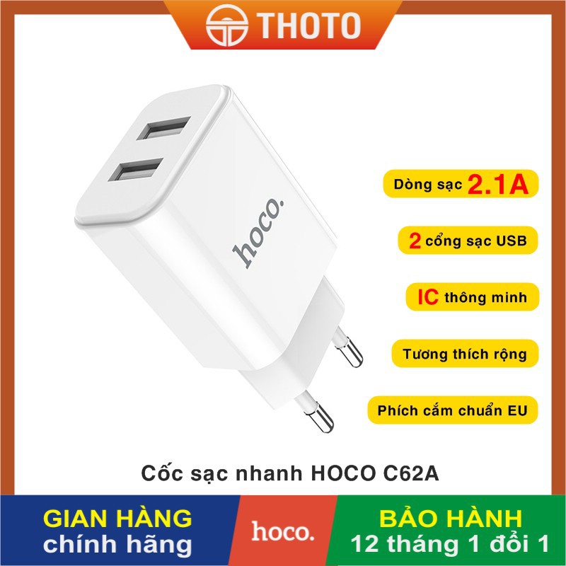 Củ cốc sạc CHÍNH HÃNG HOCO C62A 2 cổng 2.1A cho điện thoại iPhone/ Samsung/ Oppo/ Xiaomi/ Huawei/ Vsmart/ Nokia/ Vivo…