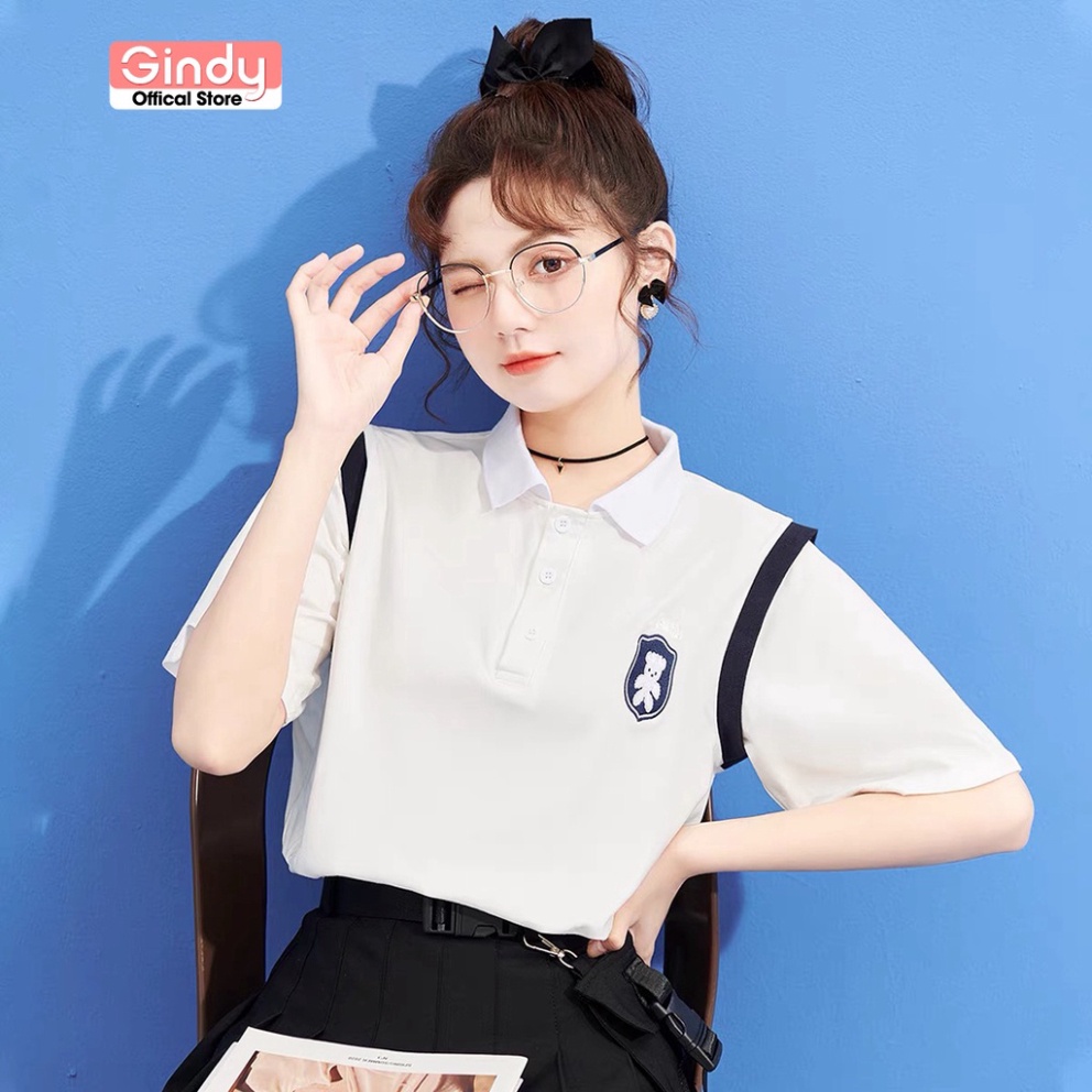 (Sẵn) Áo phông có cổ nữ form rộng tay lỡ GINDY thêu họa tiết gấu cổ bẻ vải cotton thoáng mát basic unisex A020 (ảnh thật