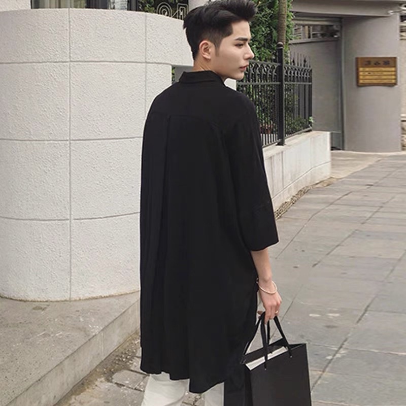 &lt;&lt;Có sẵn&gt;&gt; Áo sơ mi đen Form dài kiểu phong cách Hàn Quốc cho nam nữ unisex trẻ trung năng động cá tính