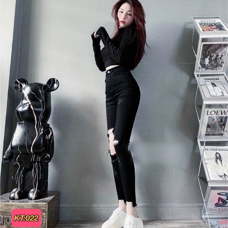 Quần jeans nữ lưng cao mã 022 ôm body lưng siêu cao rách gối