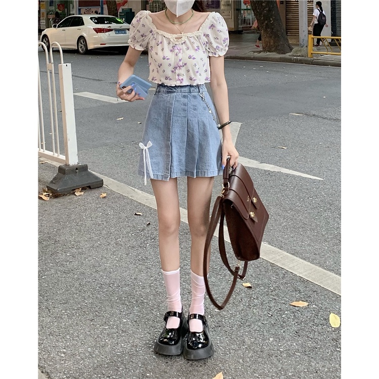 Chân váy jean XIAOZHAINV dáng chữ A lưng cao xếp ly thời trang Hàn Quốc cho nữ