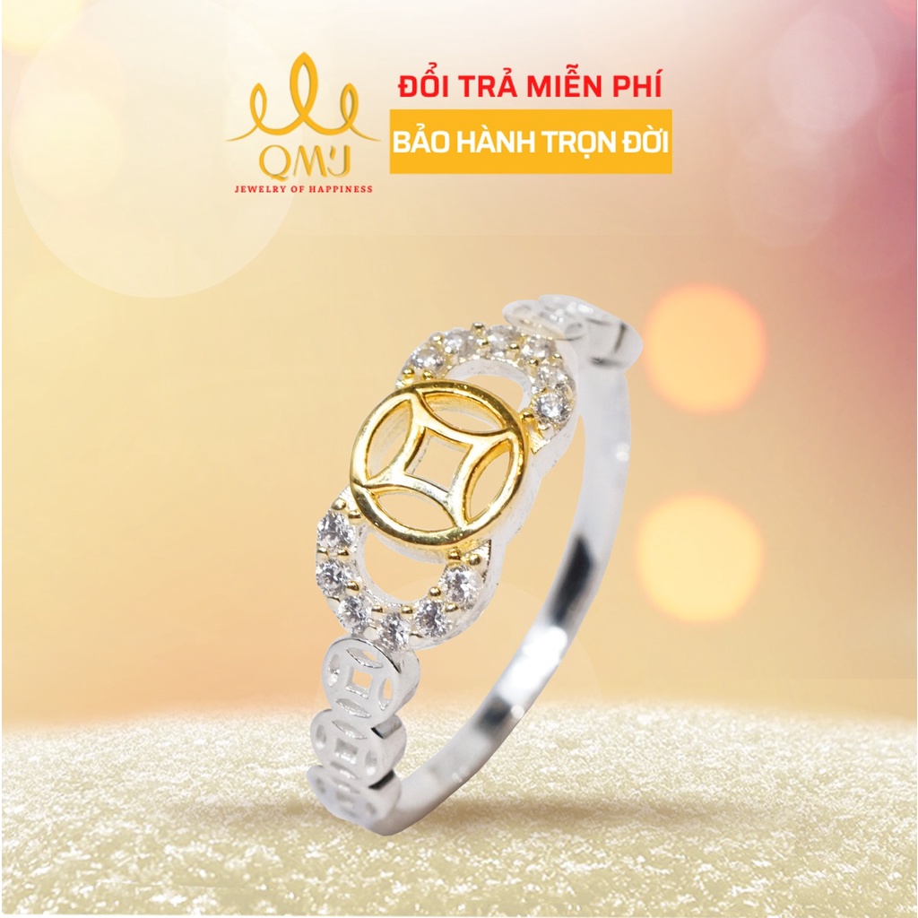 Nhẫn kim tiền bạc 925 cao cấp mạ vàng 24k nạm đá tấm tinh sảo Kim Ngân Phát Lộc QMJ - Q271