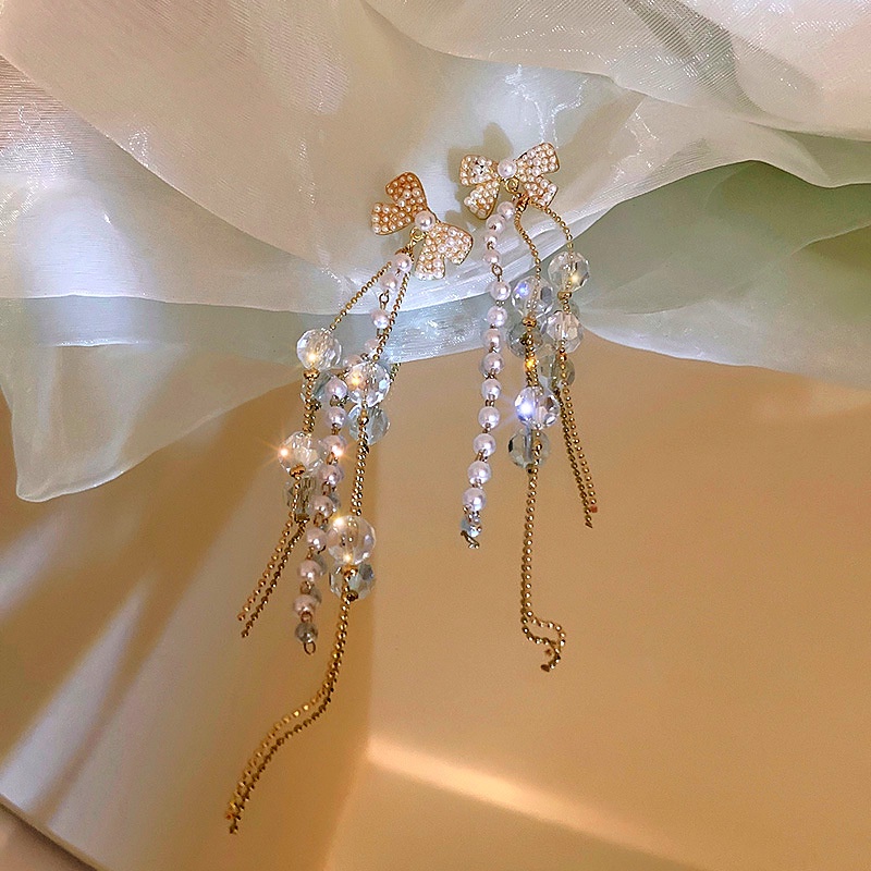 Bông Tai Mạ Bạc 925 Dáng Dài Phối Nơ Đính Ngọc Trai Sang Trọng