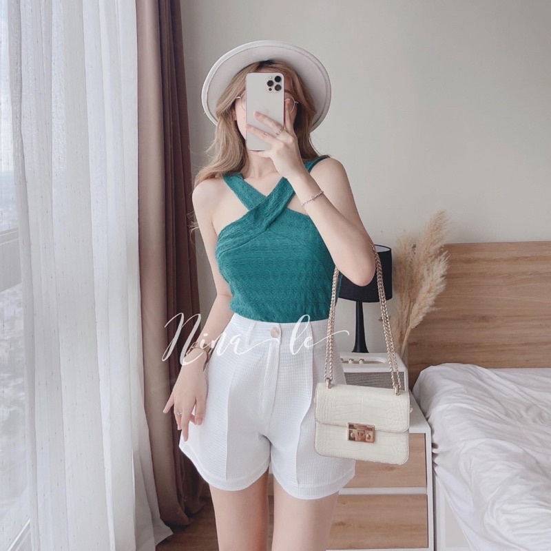 SET ÁO XỐP XANH DÂY YẾM CHÉO + SHORT TRẮNG