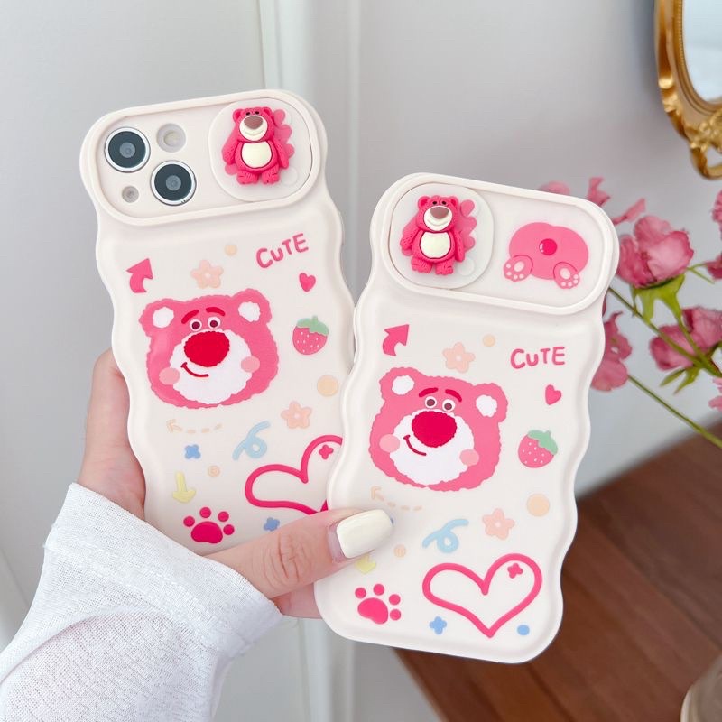 Ốp lưng iphone mềm dẻo viền mây có che camera hình gấu losto màu hồng cute quả dâu trái tim dễ thương đáng iu