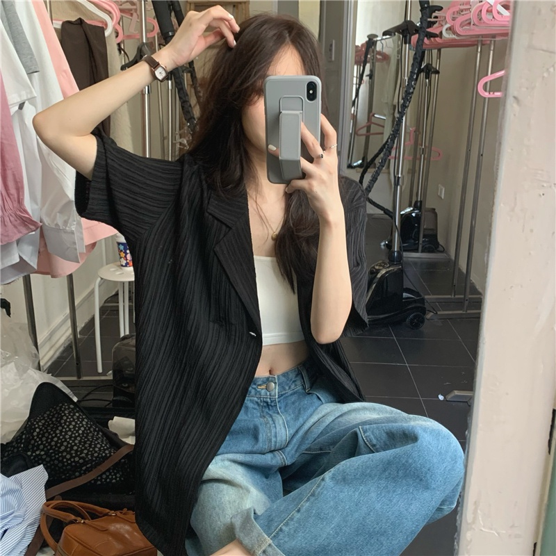 Áo Khoác Blazer Ngắn Tay Dáng Rộng Thời Trang Retro Hàn Quốc Cho Nữ