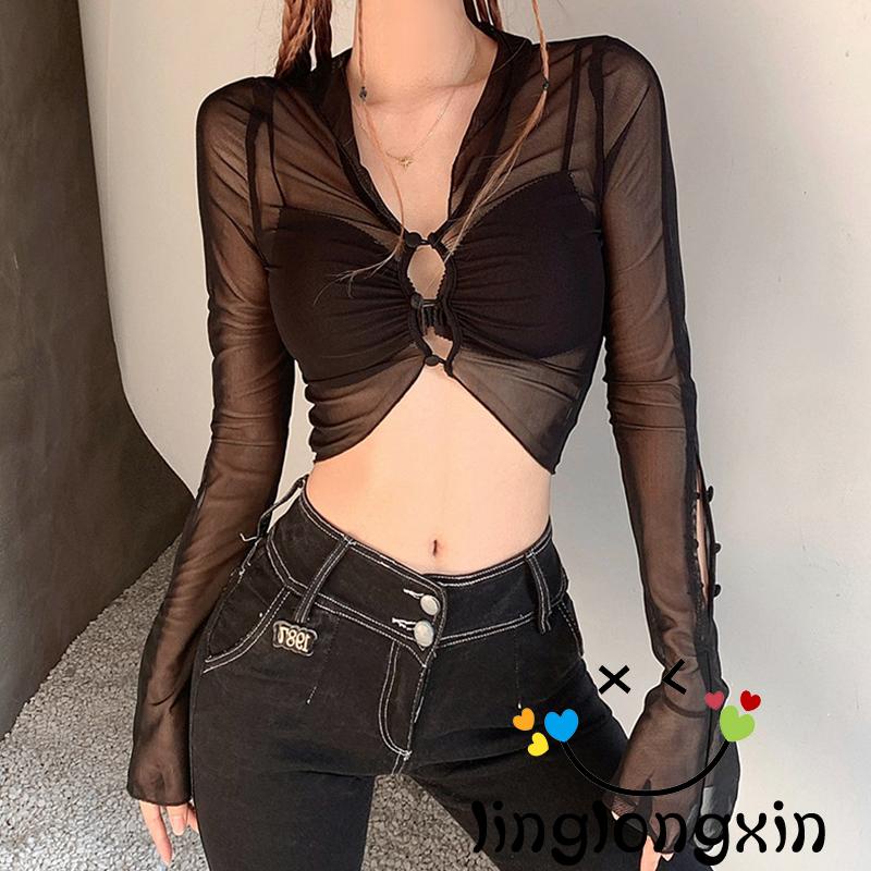 Áo Croptop Tay Dài Phối Lưới 2 Hàng Nút Thời Trang Đường Phố Cho Nữ