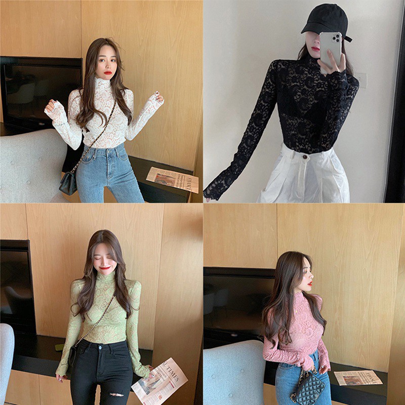 Áo kiểu tay dài cổ lọ phối ren hoa thiết kế quyến rũ cho phái nữ | BigBuy360 - bigbuy360.vn