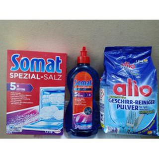 Combo bột rửa bát alio 1,8kg + nước làm bóng somat 750ml +muối somat 1,2kg
