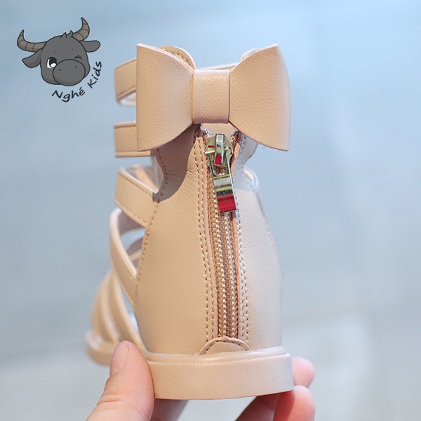 Giày sandal chiến binh cao cổ - Xăng đan bé gái thắt nơ sau phong cách hàn quốc da PU MG Baby 656