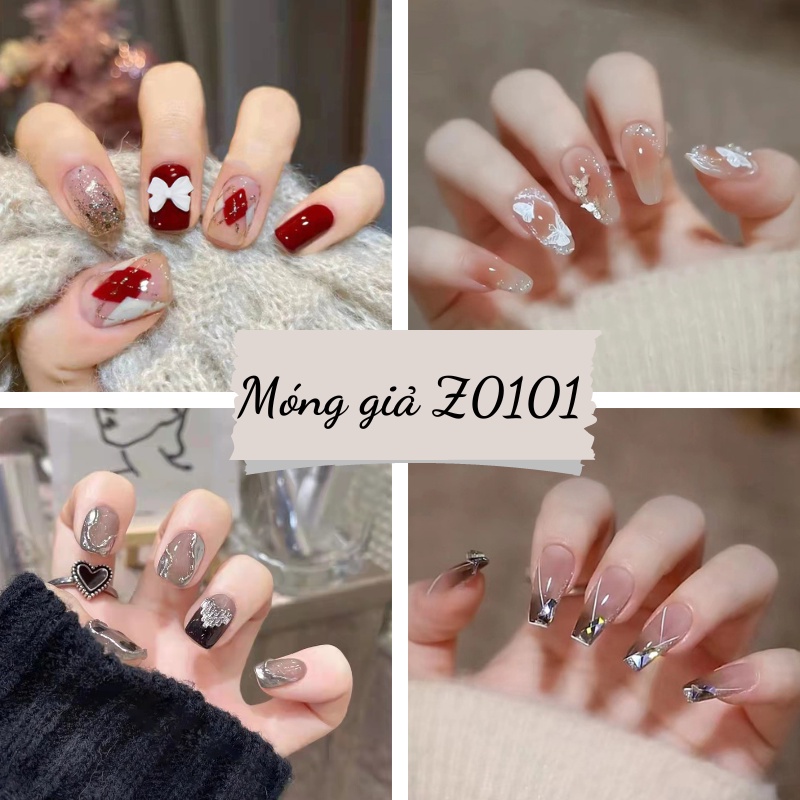 Set móng tay giả thời trang đính đá đính charm 24 miếng có kèm keo false nail đẹp Z0101