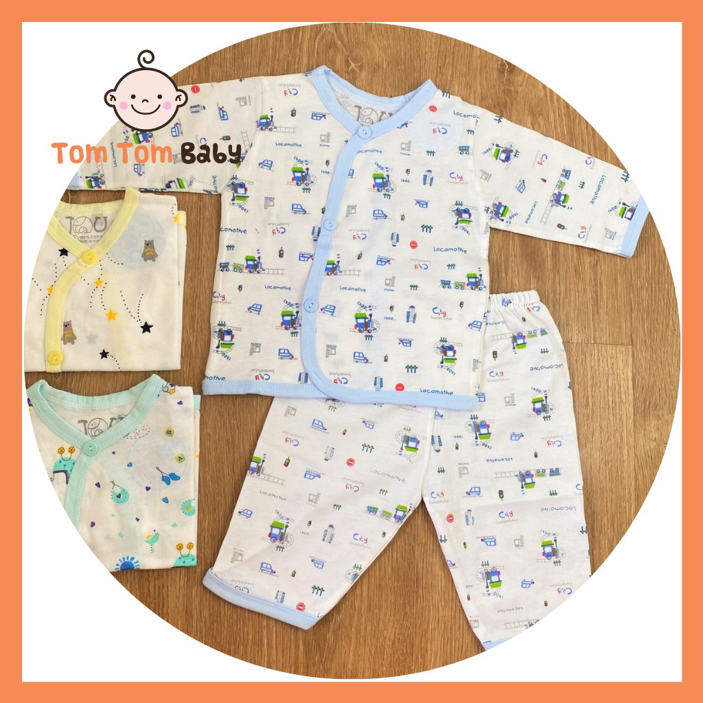 Bộ quần áo sơ sinh Tay Dài Cài Xéo Họa Tiết JOU, chất vải cotton 100% cao cấp mềm, mịn, thoáng mát, hàng giao giống hình