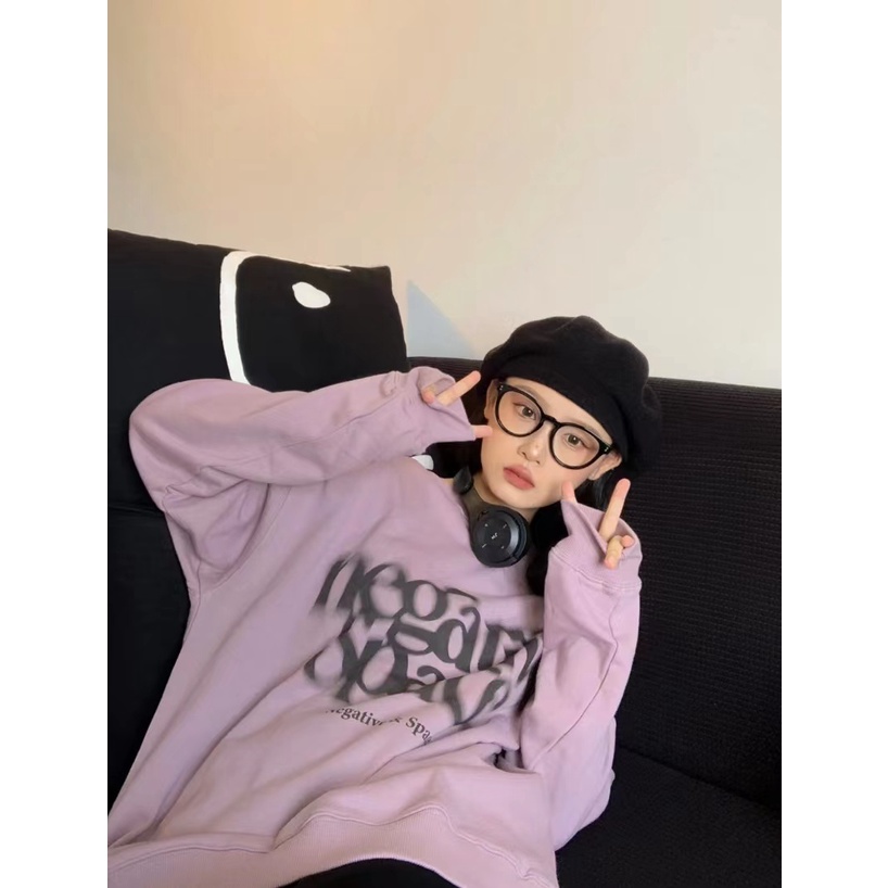 Áo sweater Cổ Tròn Dáng Rộng Màu Tím Phong Cách Mỹ Cổ Điển Thời Trang Cho Nữ