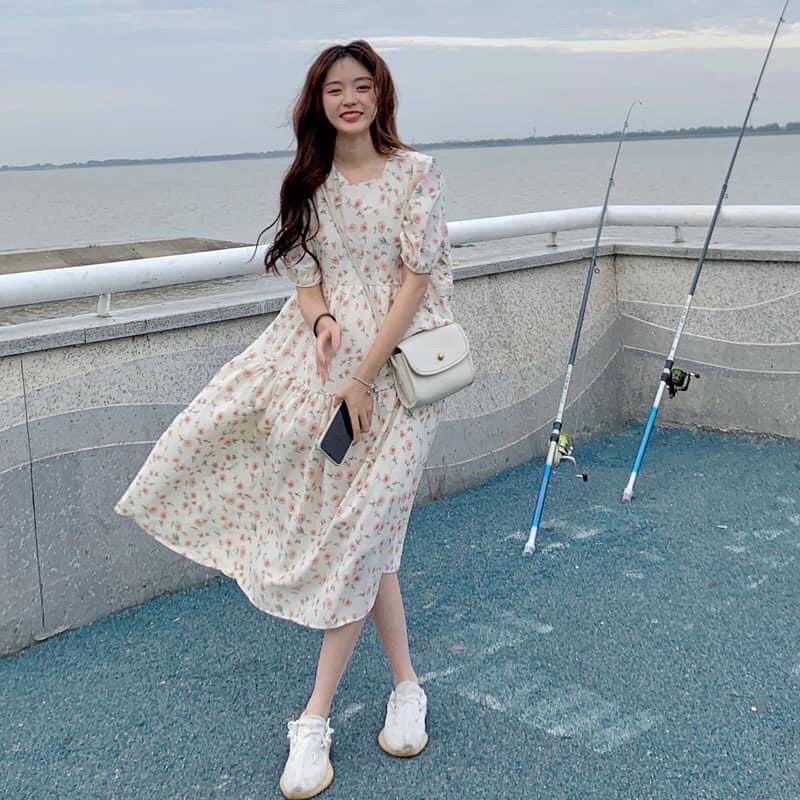 Váy babydoll maxi, đầm suông cổ tròn tay ngắn hoạ tiết hoa nhí phong cách ullzang Hàn Quốc Nhungkudo