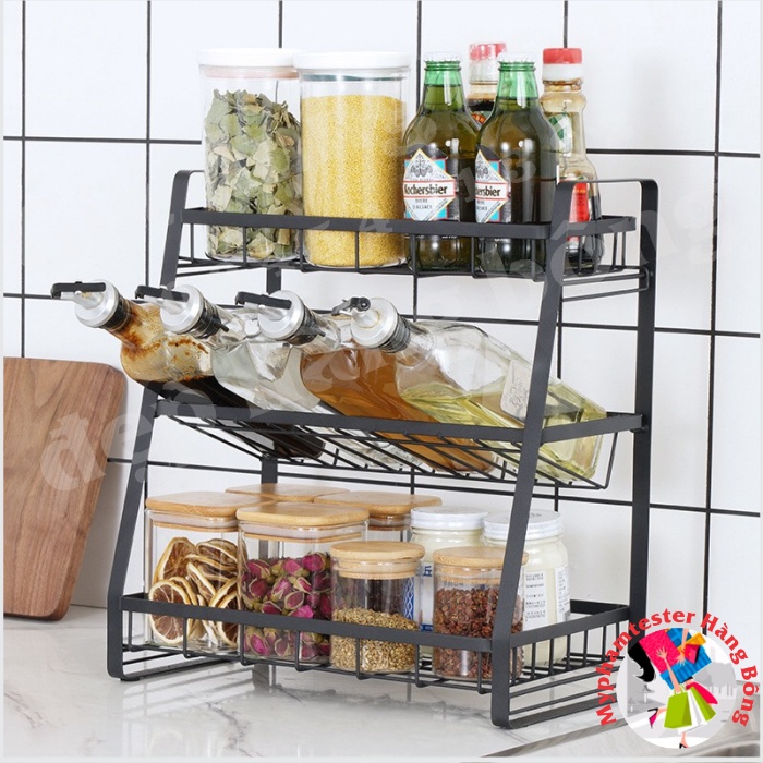(HÀNG ĐẸP) Kệ THÉP ĐEN đựng gia vị 3 tầng nhà bếp cao cấp