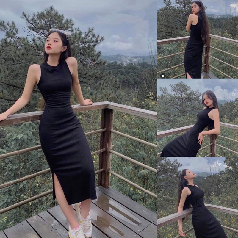 Đầm body sát nách 2 màu đen, cam vải thun gân tôn dáng khoe body sexy Sun Fashion