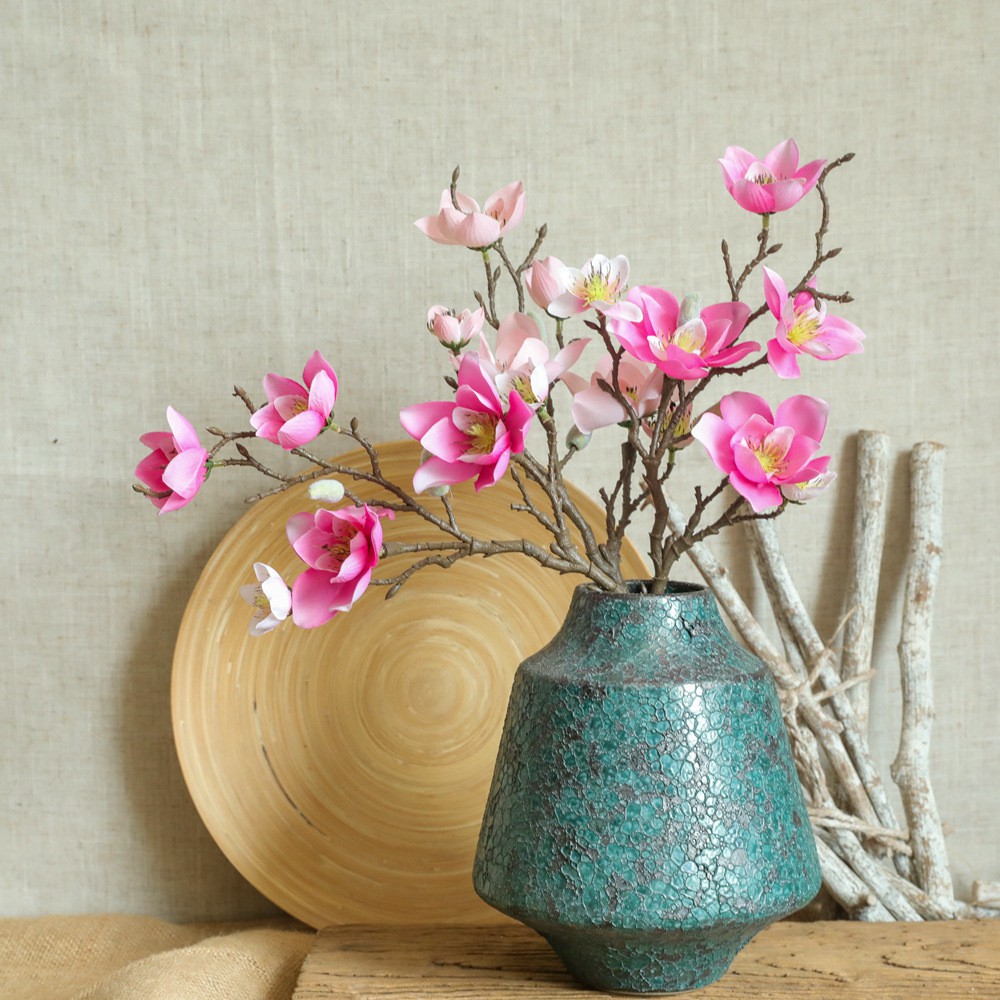 Hoa giả, Hoa lụa cành mộc lan dài 48.5cm 4 bông 1 nụ trang trí nội thất , phòng khách, sự kiện