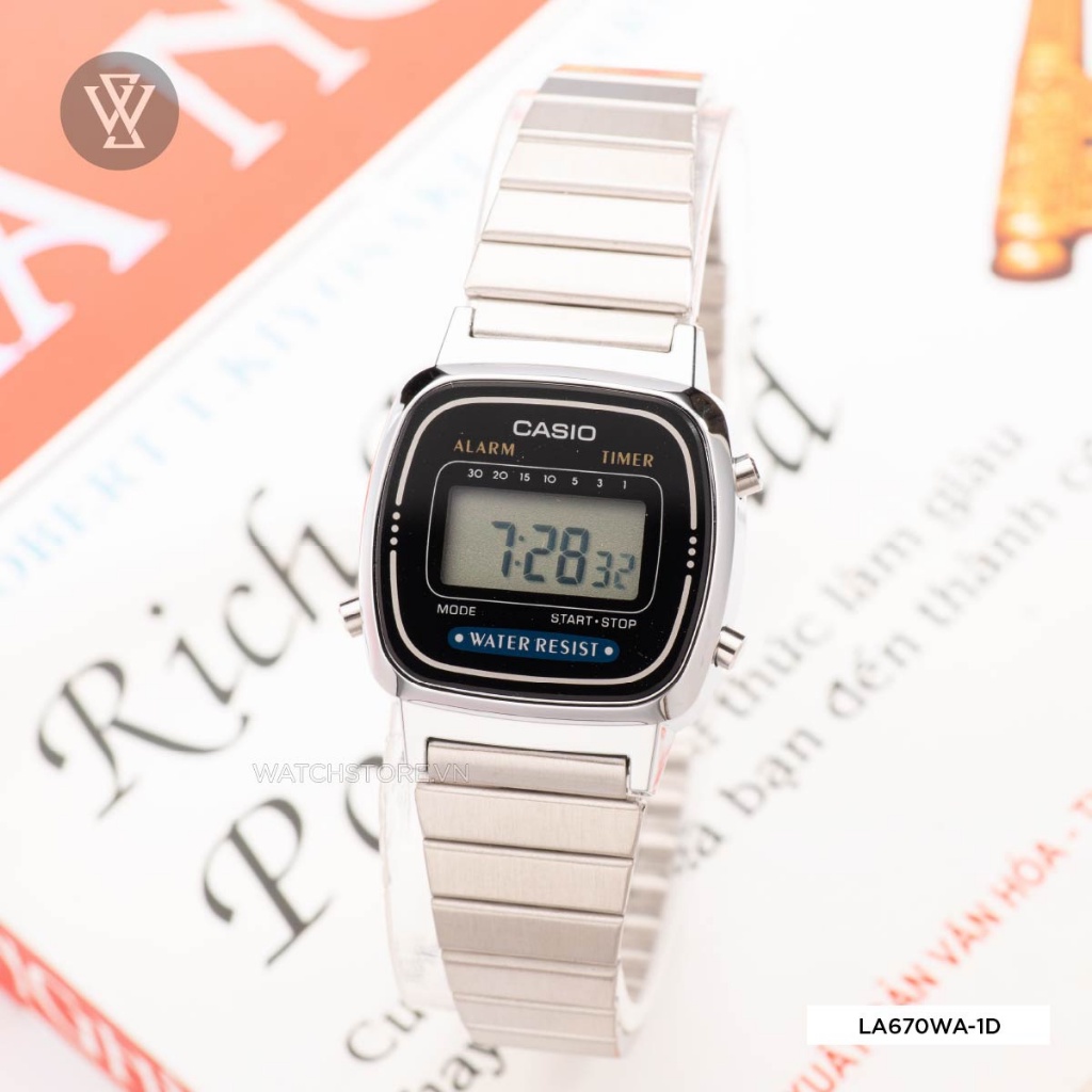 Đồng Hồ Điện Tử Nữ Casio WATCHSTORE LA670WA-1DF Thiết Kế Mặt Kính Vuông 24.6mm, Dây Kim Loại, Vỏ Nhựa Bền Bỉ