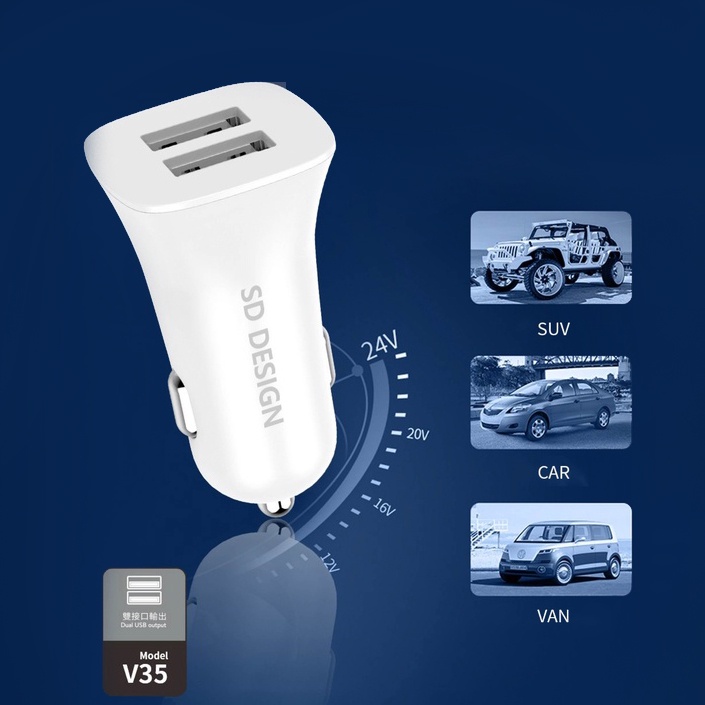 Tẩu sạc ô tô 2 cổng USB cao cấp V35 tương thích rộng rãi với nhiều loại thiết bị điện tử chính hãng SD Design