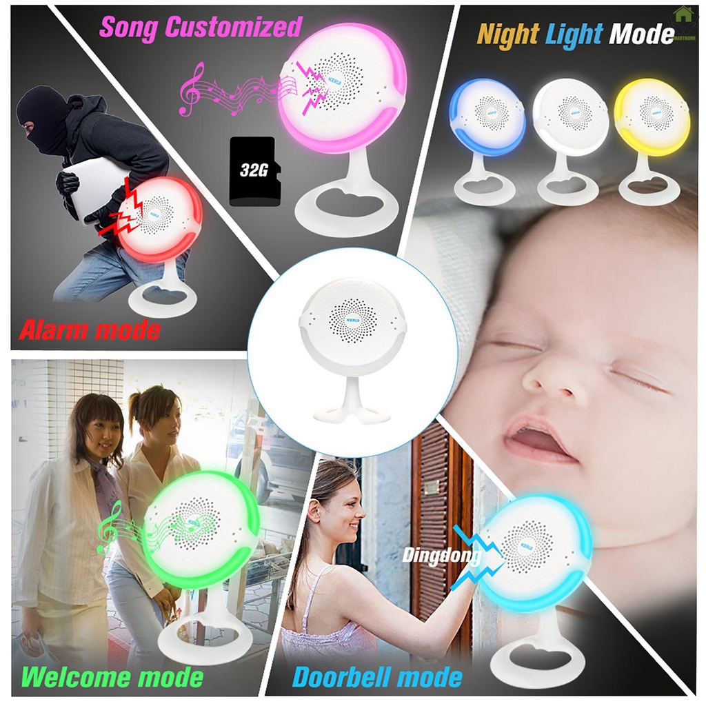 KERUI 433MHz Colorful Light Doorbell Welcome Chime Doorbell 52 Songs Optional Customized Melody Night Light Wireless Motion Detection Alarm System with 1pcs PIR Motion Sensor