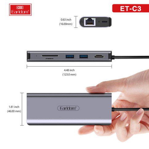 Bộ Chuyển Đổi Type-C sang HDMI 4k + Usb 3.0 + Ethernet Lan + Thẻ Nhớ cho Macbook, Dell, Smartphone Android