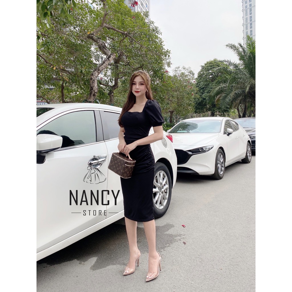 Đầm váy nữ body cổ vuông cao cấp dự tiệc sang chảnh màu trắng tay lửng bồng Nancy A25 | BigBuy360 - bigbuy360.vn